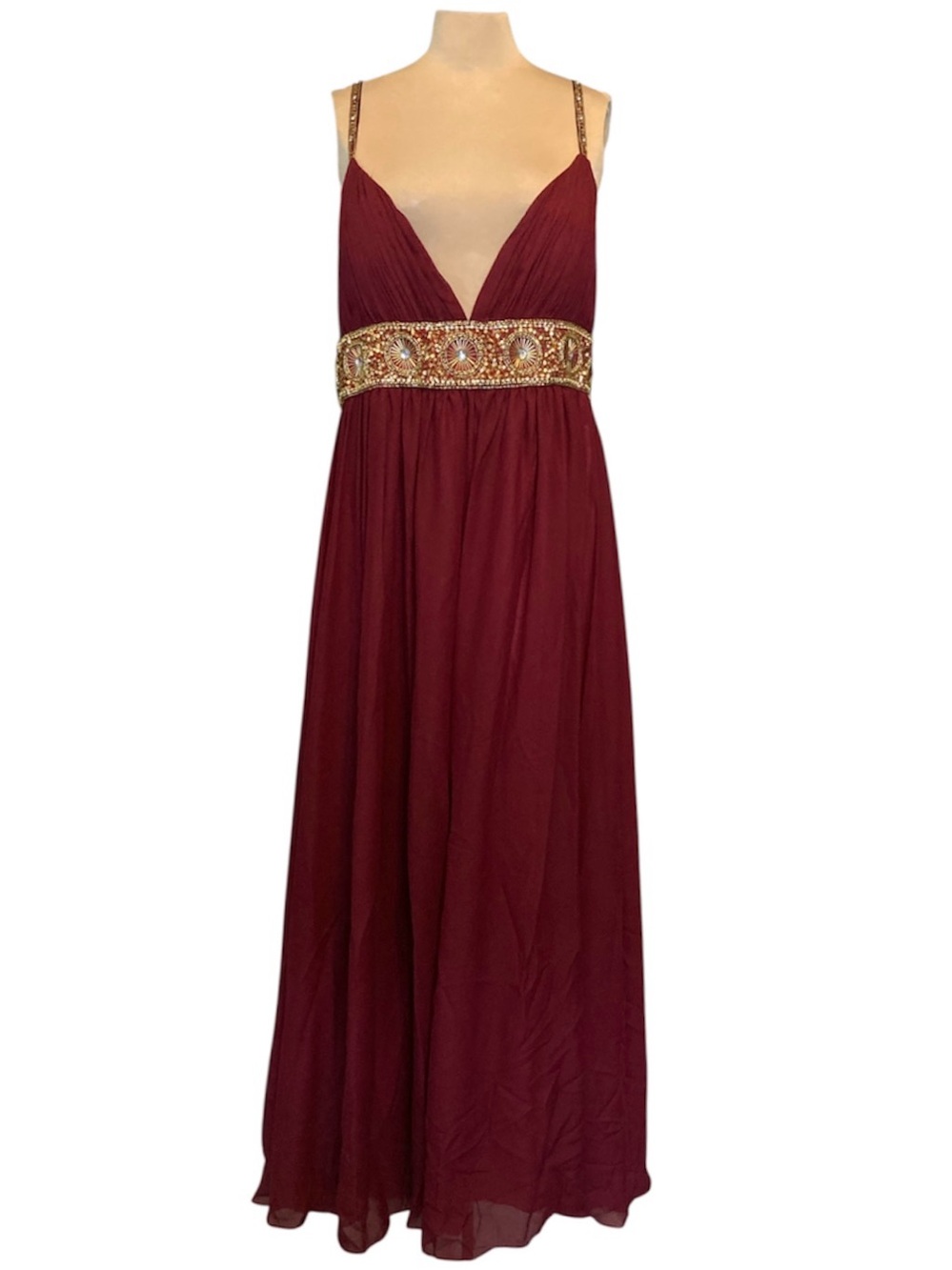 May Queen Burgundy Formal Gown with Gold Beaded Waistband NWT